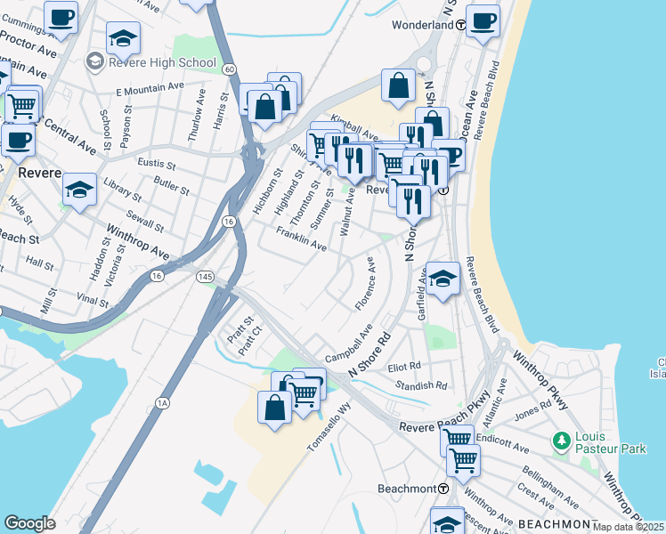 map of restaurants, bars, coffee shops, grocery stores, and more near 185 Walnut Avenue in Revere