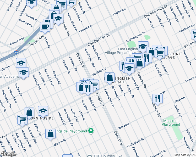 map of restaurants, bars, coffee shops, grocery stores, and more near 5077 Kensington Avenue in Detroit