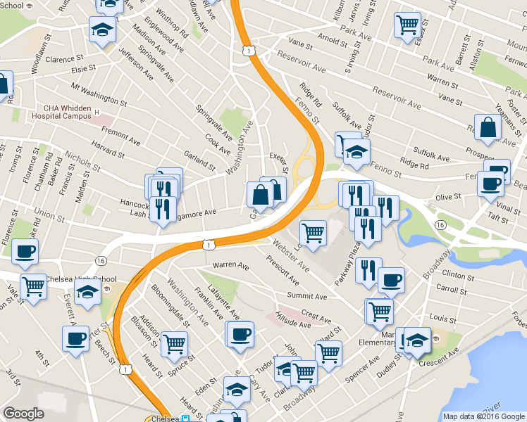 map of restaurants, bars, coffee shops, grocery stores, and more near 20 Adams Street in Chelsea