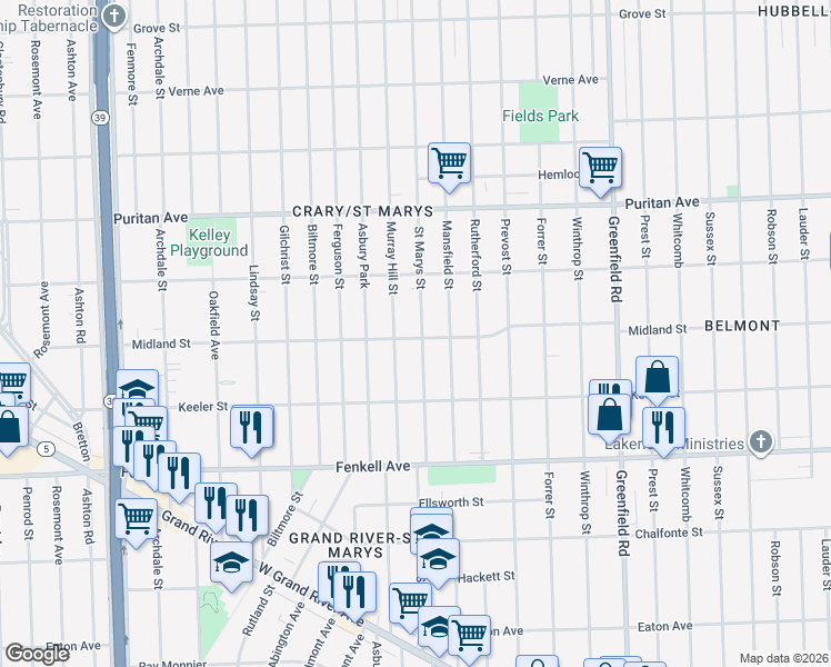 map of restaurants, bars, coffee shops, grocery stores, and more near 15701 Saint Marys Street in Detroit