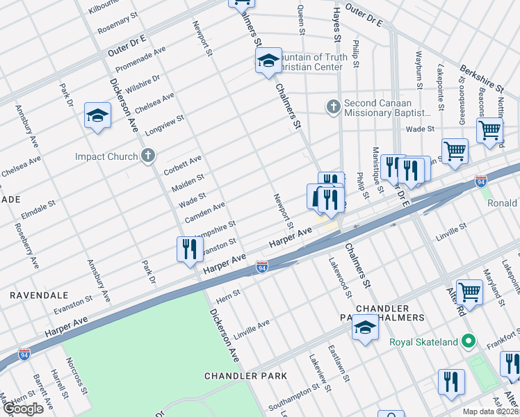 map of restaurants, bars, coffee shops, grocery stores, and more near 13395 Hampshire Street in Detroit