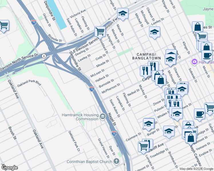 map of restaurants, bars, coffee shops, grocery stores, and more near 2034 Burnside St in Hamtramck