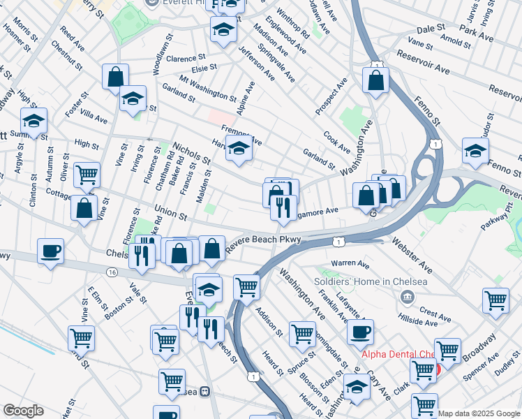 map of restaurants, bars, coffee shops, grocery stores, and more near 25 Lash Street in Chelsea