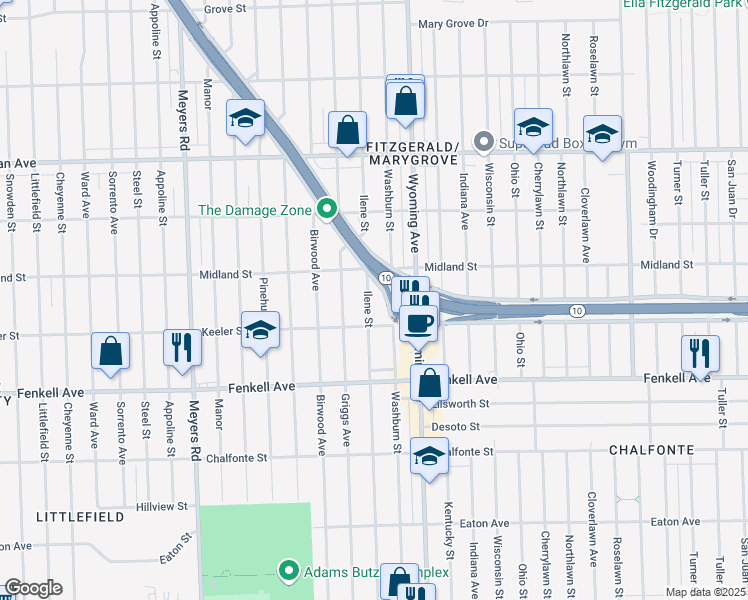map of restaurants, bars, coffee shops, grocery stores, and more near 15450 Ilene Street in Detroit