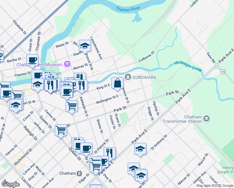 map of restaurants, bars, coffee shops, grocery stores, and more near 163 Wellington Street East in Chatham