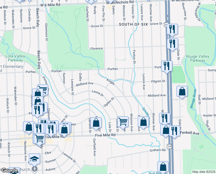 map of restaurants, bars, coffee shops, grocery stores, and more near 24920 Midland in Redford Charter Township