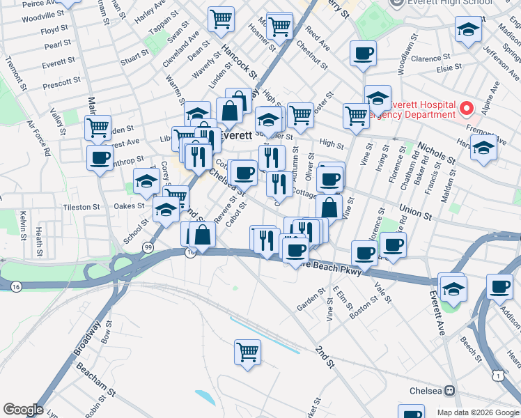 map of restaurants, bars, coffee shops, grocery stores, and more near 3 Spring Street in Everett