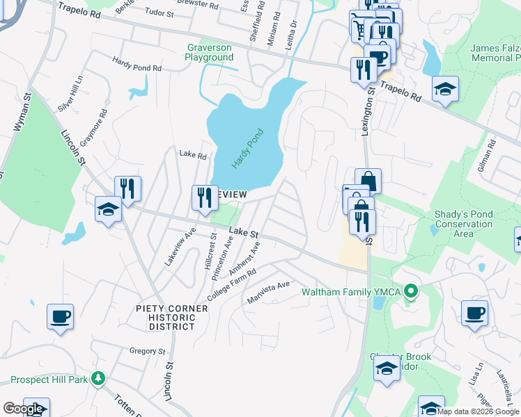 map of restaurants, bars, coffee shops, grocery stores, and more near 10 Bowdoin Avenue in Waltham