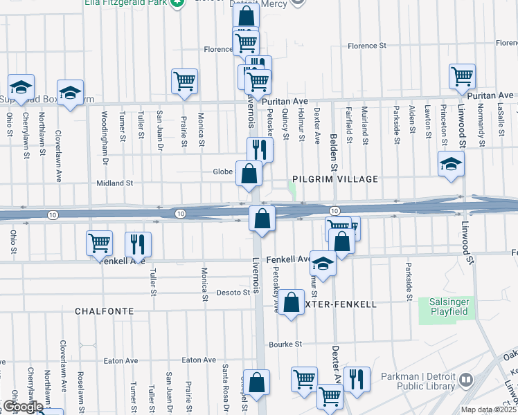 map of restaurants, bars, coffee shops, grocery stores, and more near 15502 Livernois in Detroit