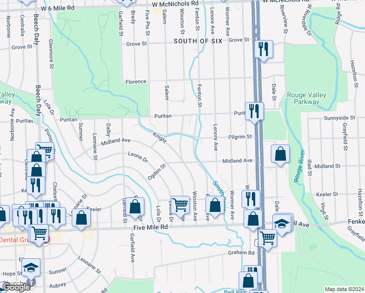 map of restaurants, bars, coffee shops, grocery stores, and more near 15856 Winston in Redford Charter Township