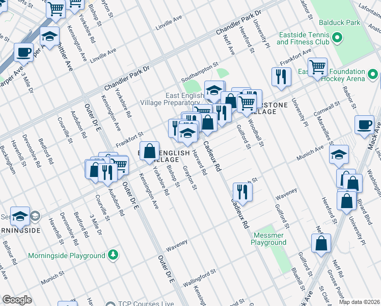 map of restaurants, bars, coffee shops, grocery stores, and more near 4875 Harvard Road in Detroit