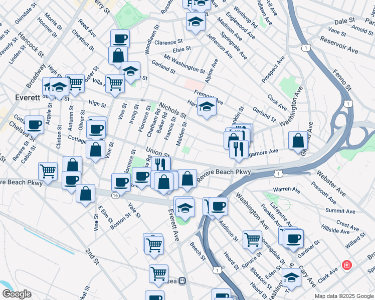 map of restaurants, bars, coffee shops, grocery stores, and more near 21 Hoyt Street in Everett