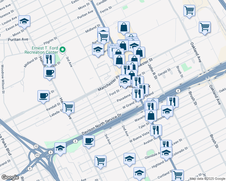 map of restaurants, bars, coffee shops, grocery stores, and more near 76 Ford Street in Highland Park