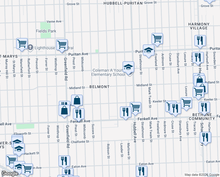 map of restaurants, bars, coffee shops, grocery stores, and more near 15501 Robson Street in Detroit