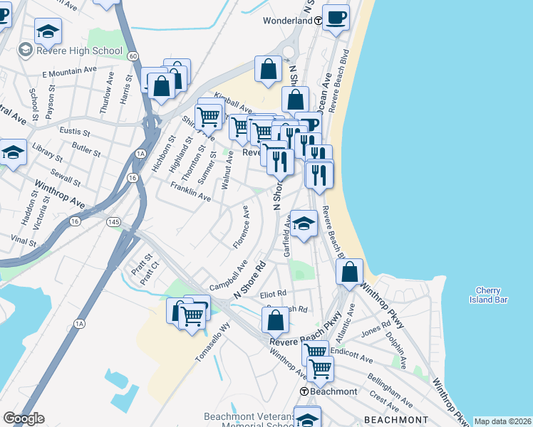 map of restaurants, bars, coffee shops, grocery stores, and more near 169 Campbell Avenue in Revere
