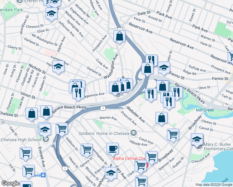 map of restaurants, bars, coffee shops, grocery stores, and more near 6 Jones Avenue in Chelsea