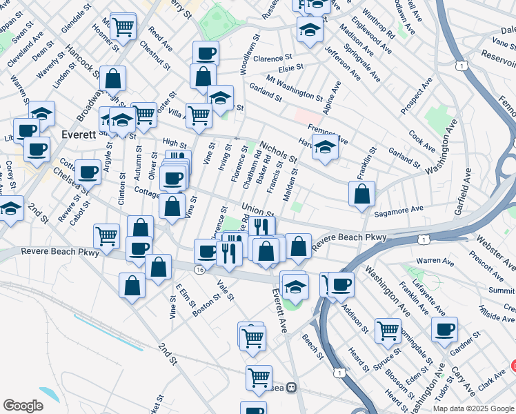 map of restaurants, bars, coffee shops, grocery stores, and more near 93 Union Street in Everett