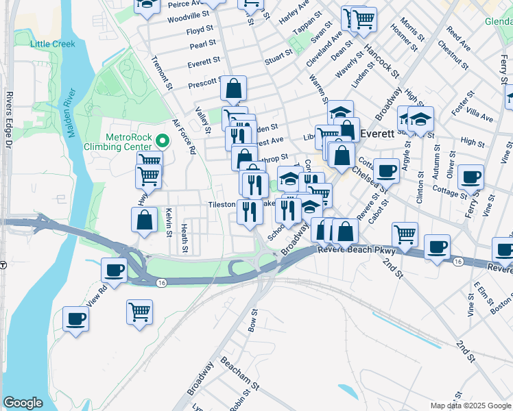 map of restaurants, bars, coffee shops, grocery stores, and more near 9 Oakes Street in Everett