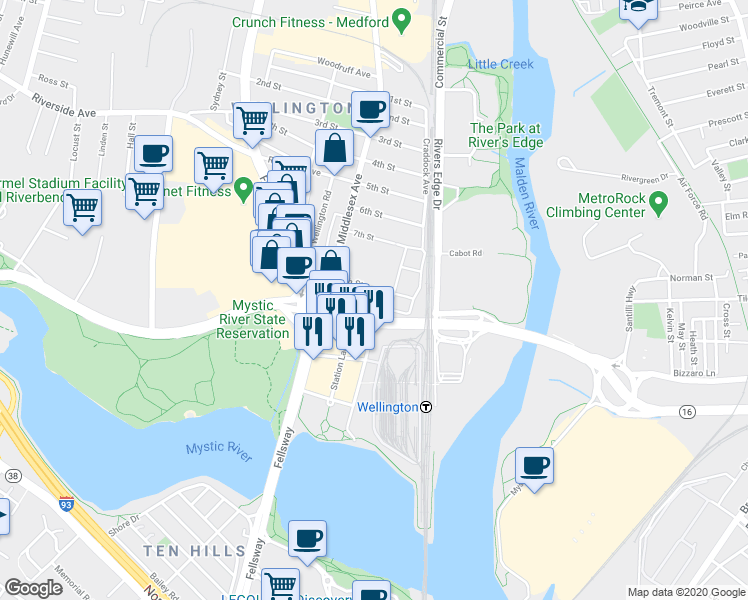 map of restaurants, bars, coffee shops, grocery stores, and more near 30 Revere Beach Parkway in Medford