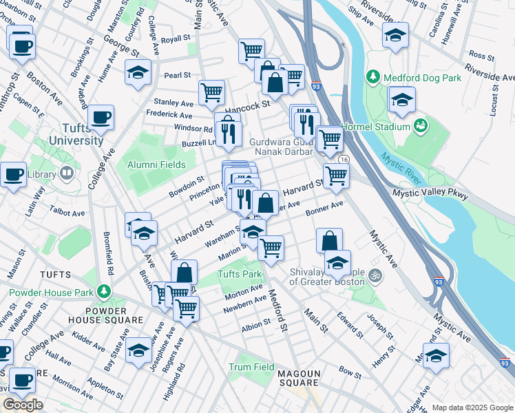 map of restaurants, bars, coffee shops, grocery stores, and more near 371 Main Street in Medford