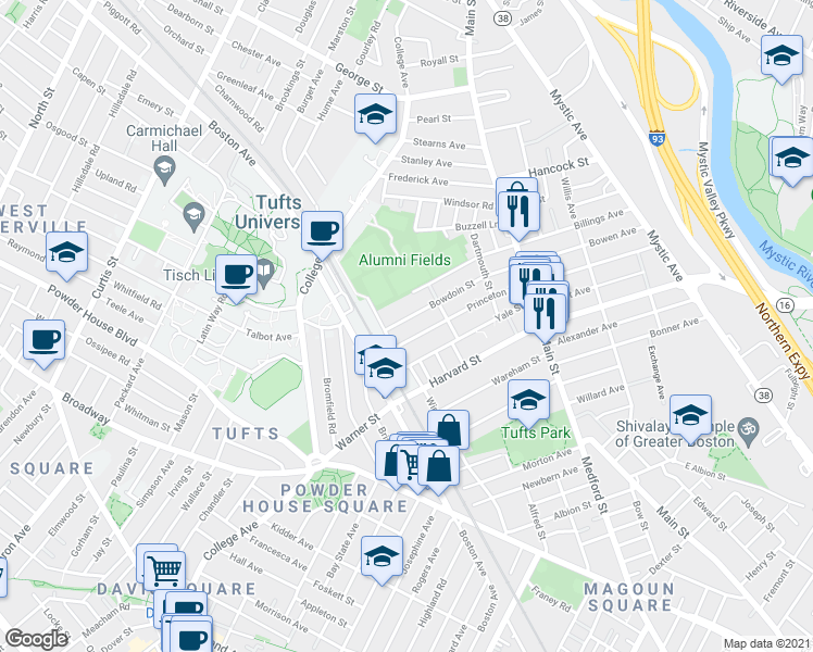 map of restaurants, bars, coffee shops, grocery stores, and more near 136 Bowdoin Street in Medford