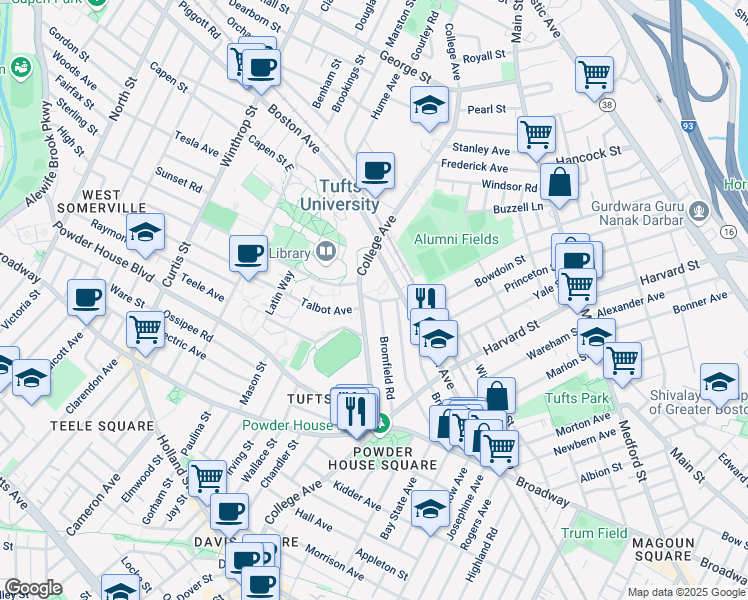 map of restaurants, bars, coffee shops, grocery stores, and more near 16 Dearborn Road in Somerville
