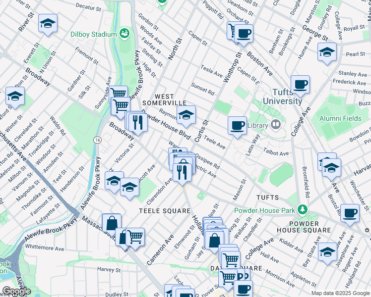 map of restaurants, bars, coffee shops, grocery stores, and more near in Somerville