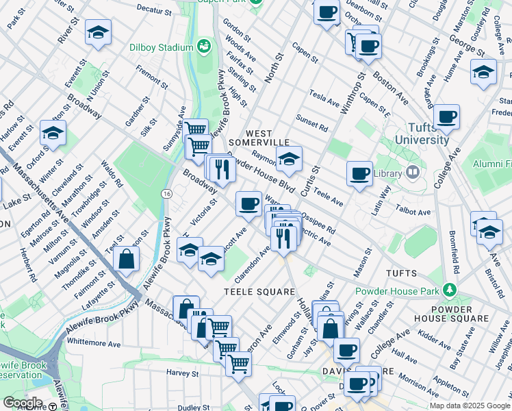 map of restaurants, bars, coffee shops, grocery stores, and more near 42 Fairmount Avenue in Somerville