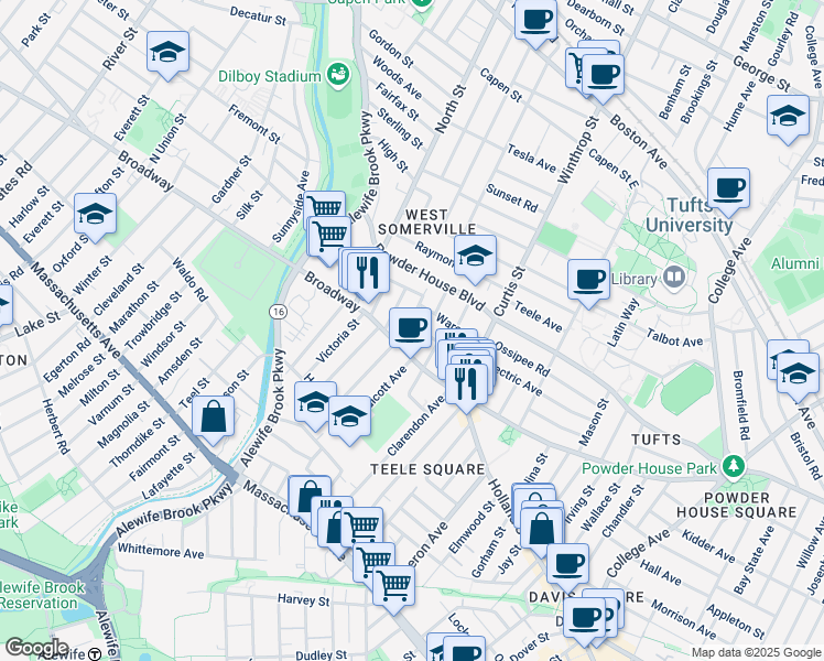 map of restaurants, bars, coffee shops, grocery stores, and more near 42 Fairmount Avenue in Somerville