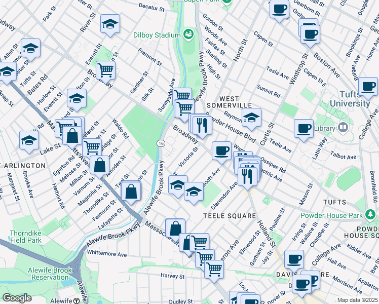 map of restaurants, bars, coffee shops, grocery stores, and more near 18 Victoria Street in Somerville