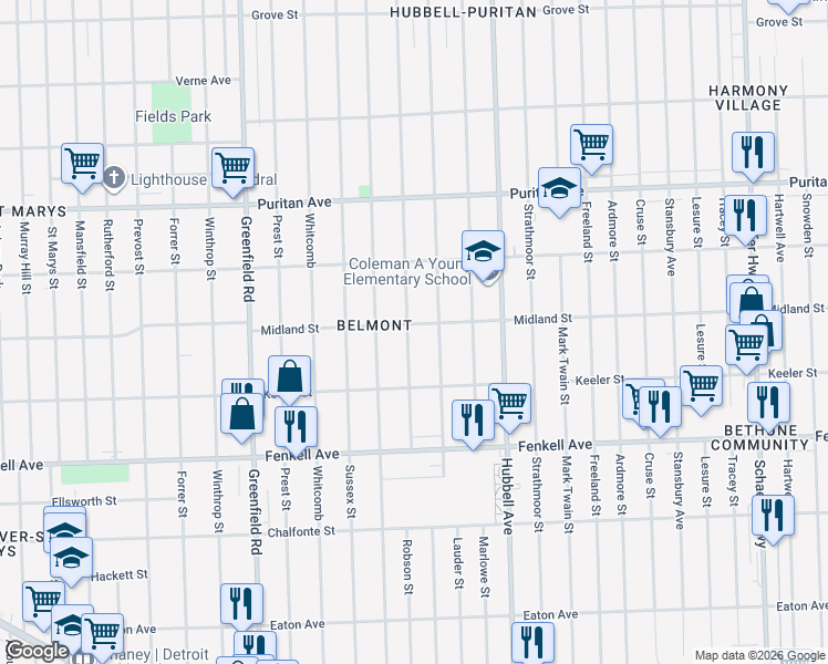 map of restaurants, bars, coffee shops, grocery stores, and more near 15501 Robson Street in Detroit