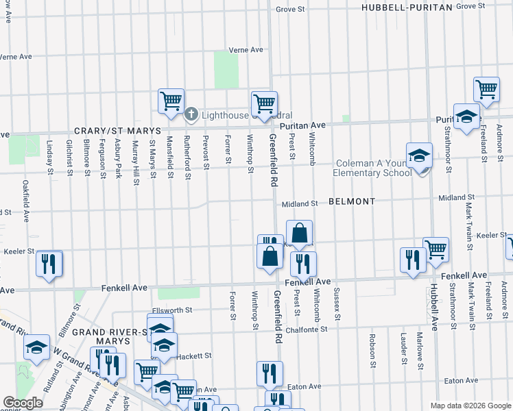 map of restaurants, bars, coffee shops, grocery stores, and more near 15525 Winthrop Street in Detroit