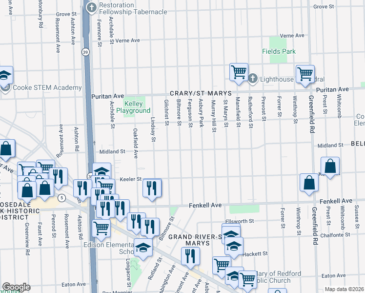 map of restaurants, bars, coffee shops, grocery stores, and more near 15703 Biltmore Street in Detroit
