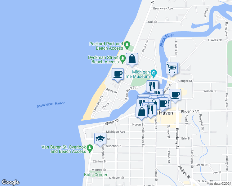 map of restaurants, bars, coffee shops, grocery stores, and more near 92 Avery Street in South Haven