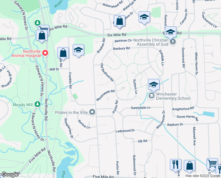 map of restaurants, bars, coffee shops, grocery stores, and more near 42232 Westmeath Road in Northville