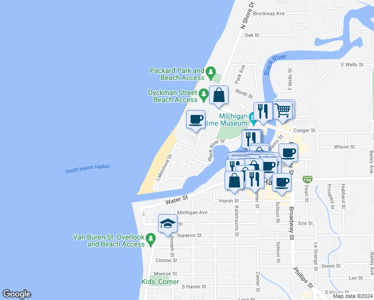 map of restaurants, bars, coffee shops, grocery stores, and more near 92 Avery Street in South Haven