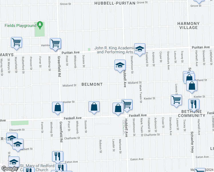 map of restaurants, bars, coffee shops, grocery stores, and more near 15509 Lauder Street in Detroit