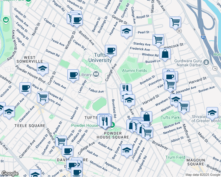 map of restaurants, bars, coffee shops, grocery stores, and more near 16 Dearborn Road in Somerville