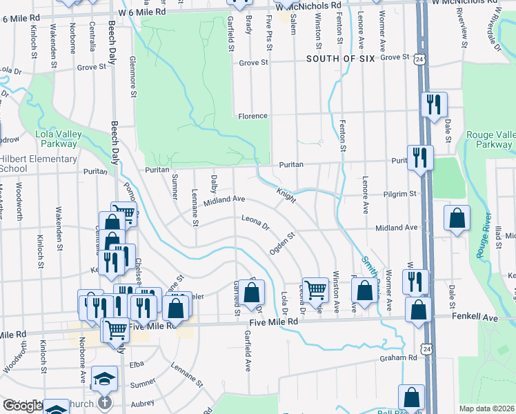 map of restaurants, bars, coffee shops, grocery stores, and more near 24993 Midland in Redford Charter Township
