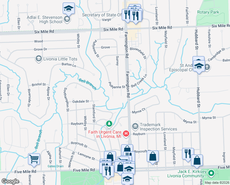 map of restaurants, bars, coffee shops, grocery stores, and more near 16158 Bell Creek Court in Livonia