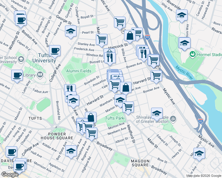 map of restaurants, bars, coffee shops, grocery stores, and more near 1 Harvard Street in Medford