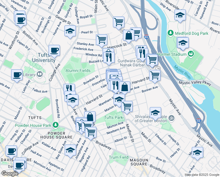 map of restaurants, bars, coffee shops, grocery stores, and more near 1 Harvard Street in Medford
