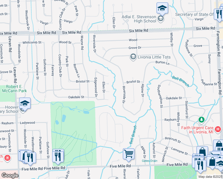 map of restaurants, bars, coffee shops, grocery stores, and more near 35010 Ellen Court in Livonia