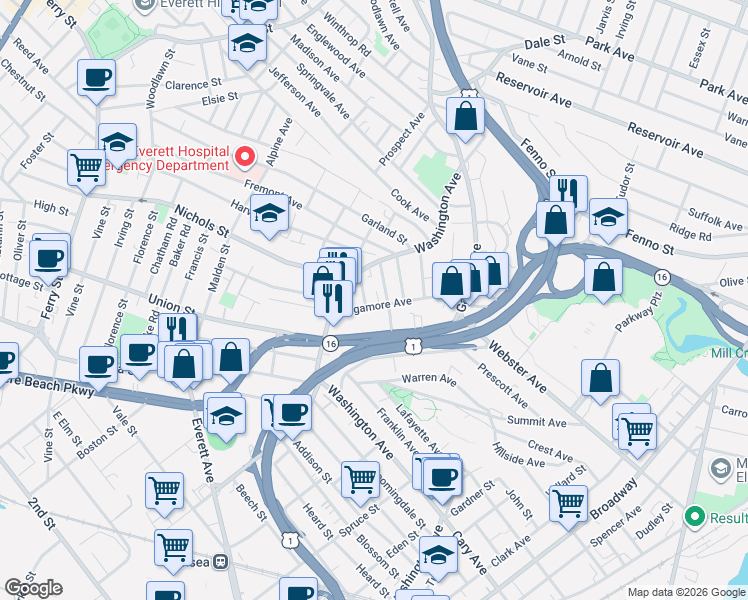 map of restaurants, bars, coffee shops, grocery stores, and more near 50 Sagamore Avenue in Chelsea