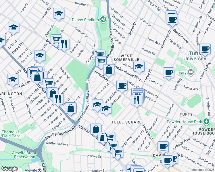 map of restaurants, bars, coffee shops, grocery stores, and more near 14 Victoria Street in Somerville