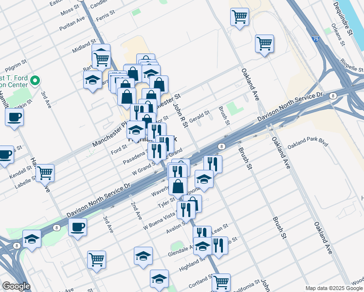 map of restaurants, bars, coffee shops, grocery stores, and more near 51 East Grand in Highland Park