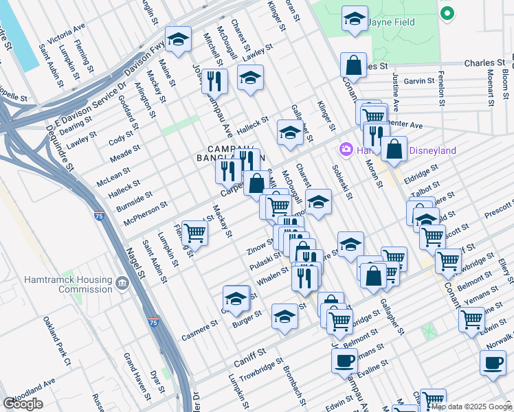 map of restaurants, bars, coffee shops, grocery stores, and more near 2697 Botsford Street in Hamtramck