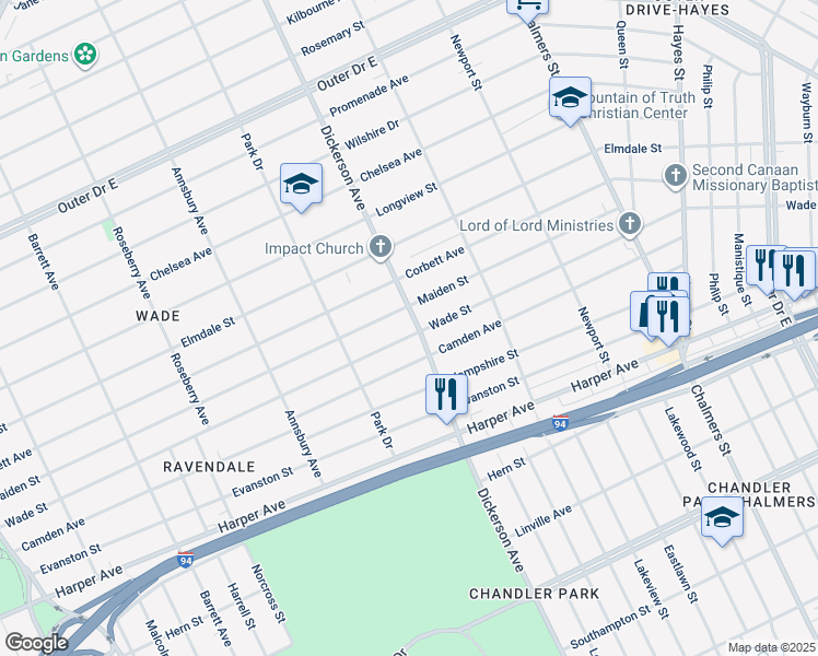map of restaurants, bars, coffee shops, grocery stores, and more near 12817 Wade Street in Detroit