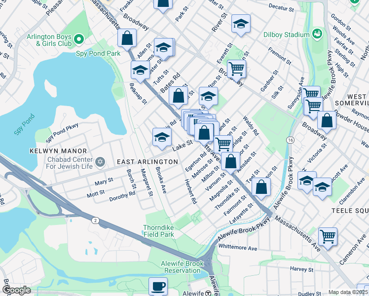map of restaurants, bars, coffee shops, grocery stores, and more near 18 Lake Street in Arlington