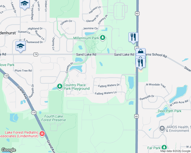 map of restaurants, bars, coffee shops, grocery stores, and more near 2948 Falling Waters Lane in Lindenhurst